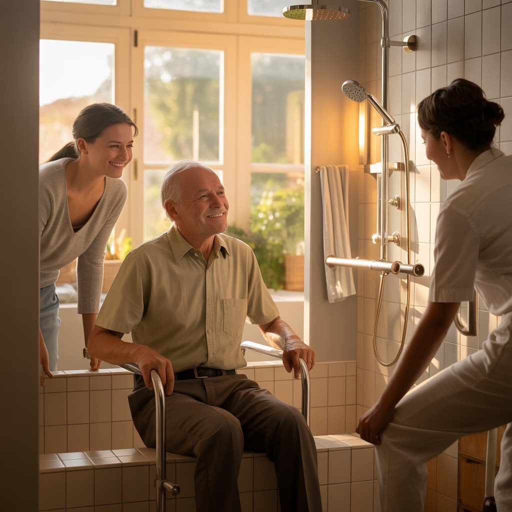 Senior heureux dans son logement adapté — douche sécurisée Toulouse Occitanie