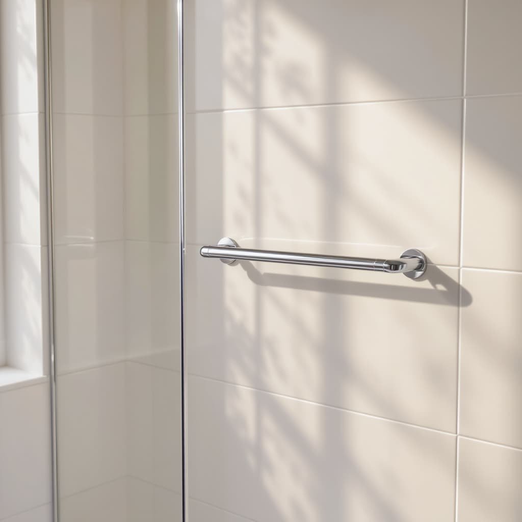 Barre d'appui chrome installée dans salle de bain sécurisée senior