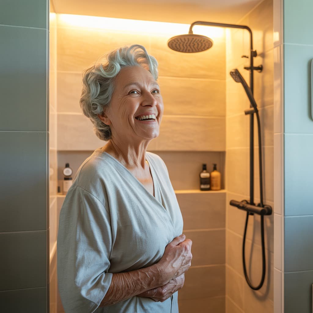 Senior dans son logement adapté après les travaux